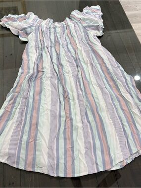 Off-Shoulder Pastel Stripe Mini Dress - Light Blue & Pink